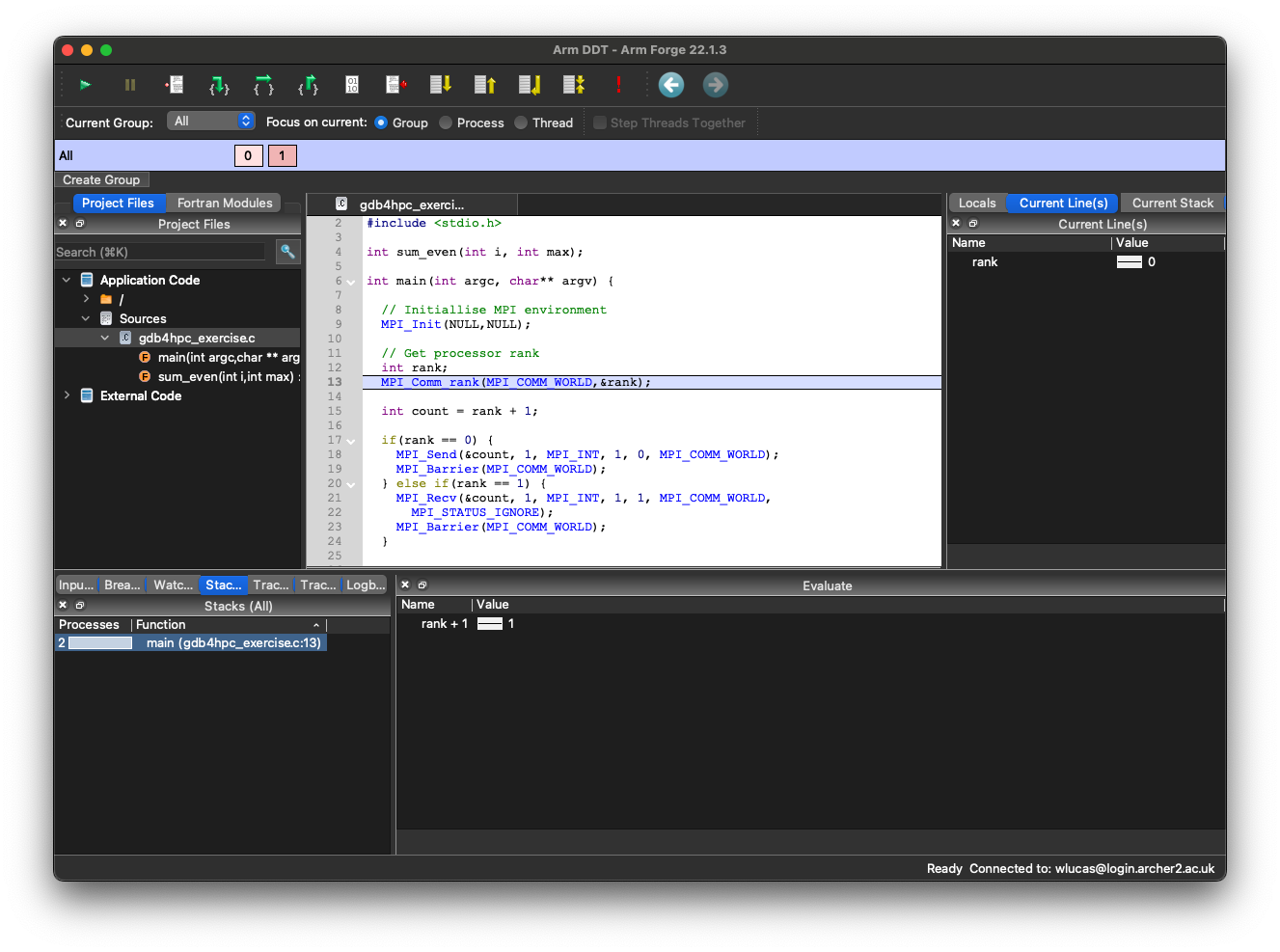 /2023-12-08-archer2-intro-develop/DDT%20at%20initial%20breakpoint%20in%20gdbhpc