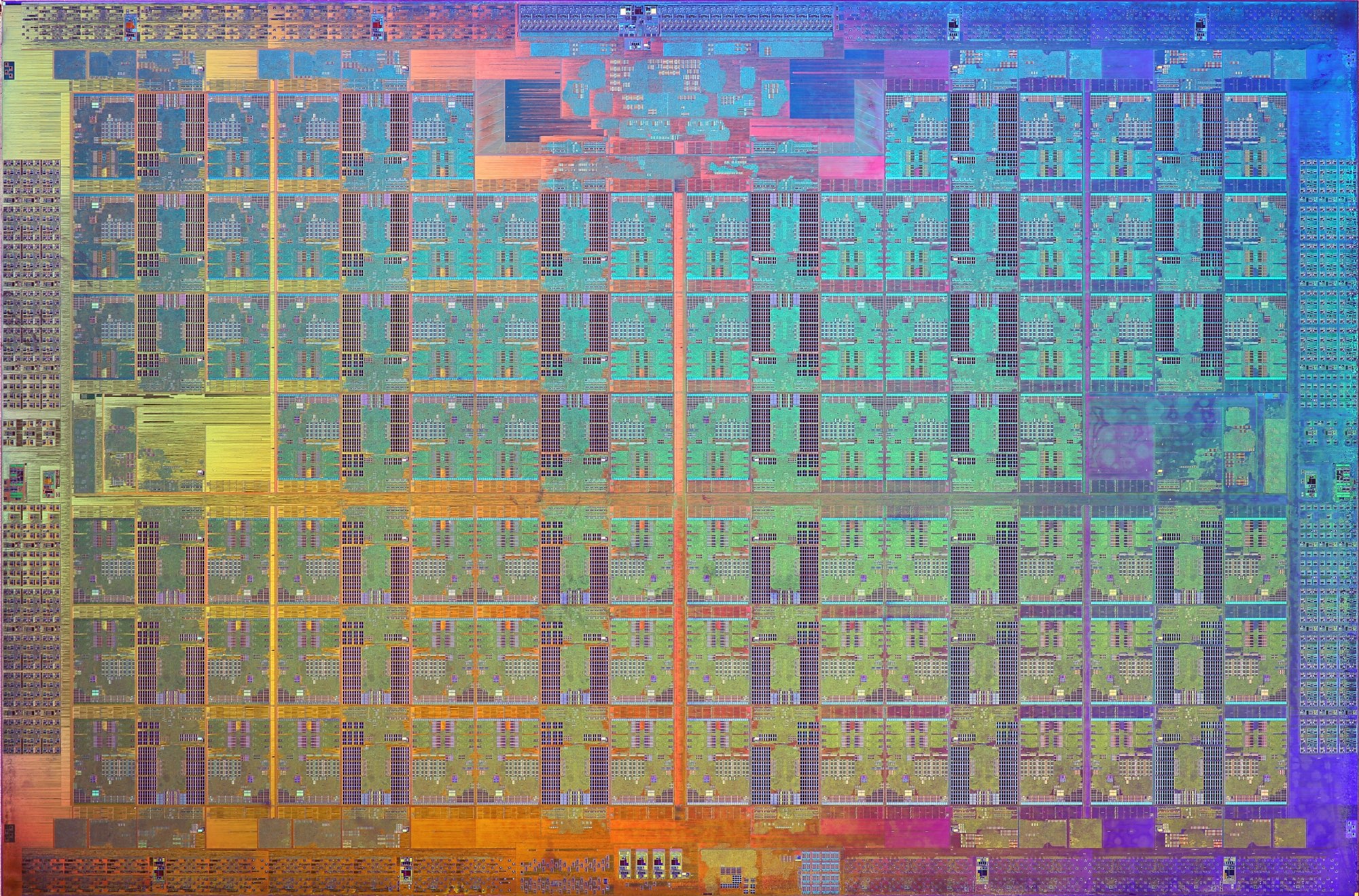 Picture of Intel Knights Landing die showing a relatively
                large area devoted to 72 cores