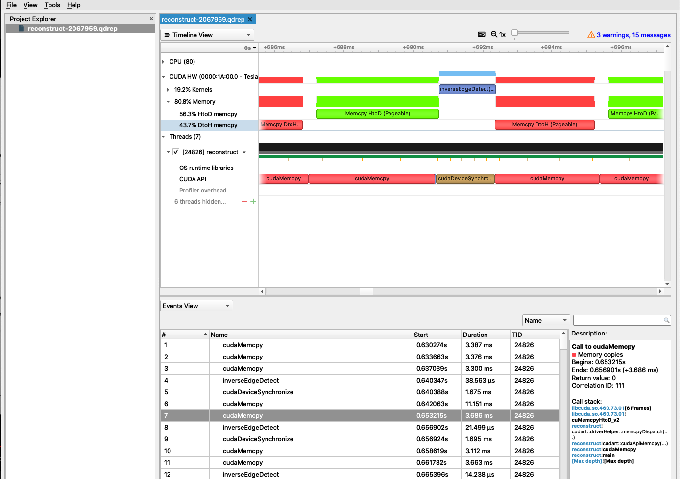 Screenshot of
    Nsight Systems profile of the reconstruct exercise